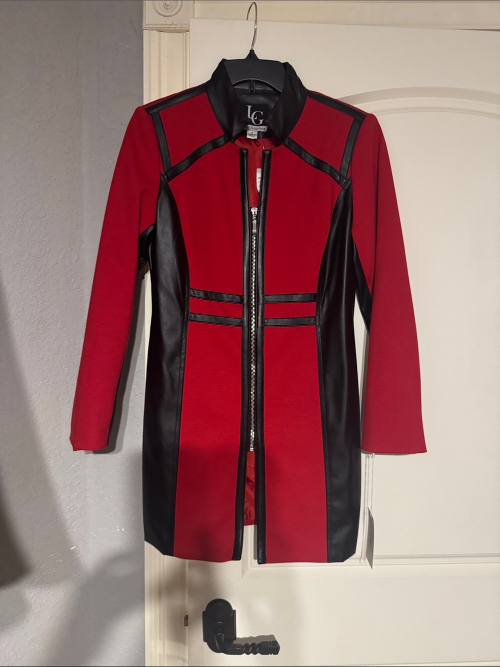 LC Red and Black Zip-Front Trench Coat